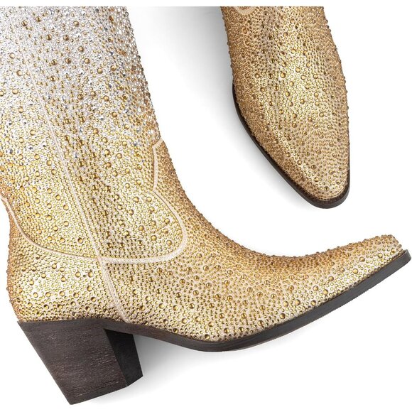 ⚡Women’s Gold Silver Rhinestone Cowboy Boots Mid Calf Pointed Toe Block Heel - Picture 2 of 6